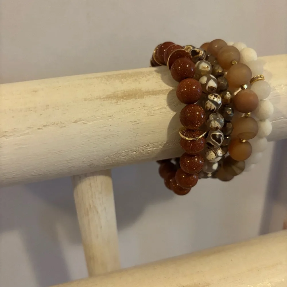 Handmade Etched Agate Goldstone Czech Glass Bracelet Stack Set of 5 NWT